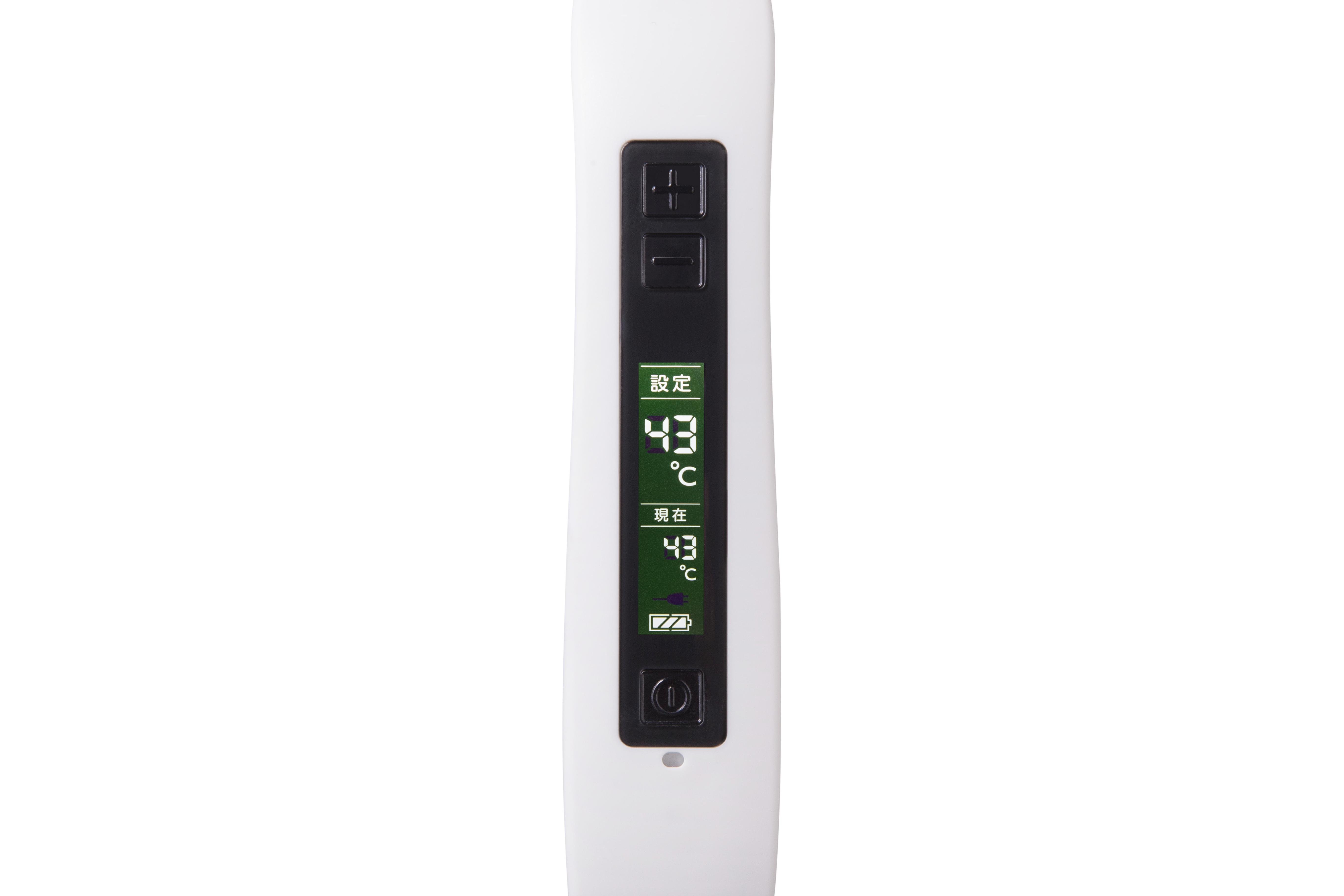 セラミック電気温灸器 CQ5000の液晶画面。設定温度と現在の温度、電池の残量が確認できる。