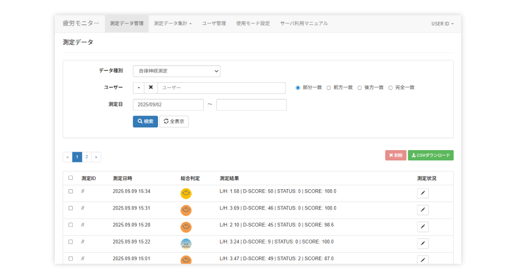 測定データの一覧