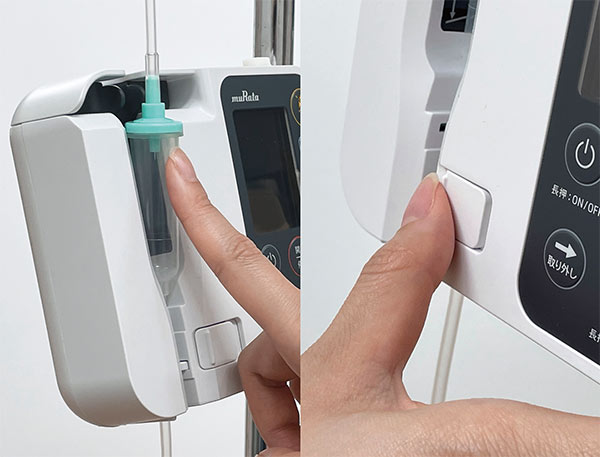 片手で点滴筒を装着できるイメージ