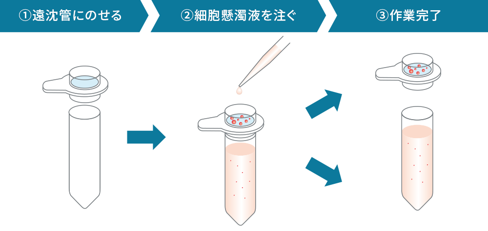 CELLNETTAの使用方法は、遠沈管にのせ細胞懸濁液を注げば作業完了です。